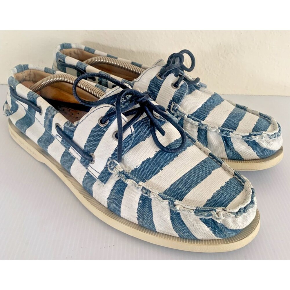 Sperry Top-Sider Men's Striped Canvas Lace-Up Boat Shoe Blue/White Size 11.5M